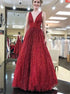 A Line Tulle Red V Neck Open Back Prom Dresses LBQ2088